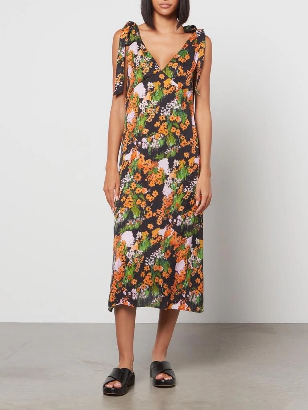 STINE GOYA Black Floral Tie-Shoulder Midi Dress with Orange & Green Accents
